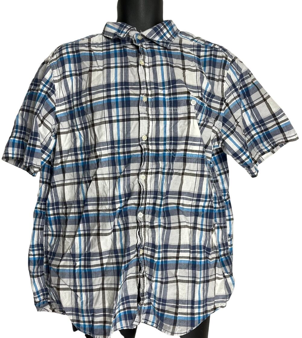 Faded Glory Button Up Shirt Mens Size M Blue Plaid Pocket Short Sleeve Cotton